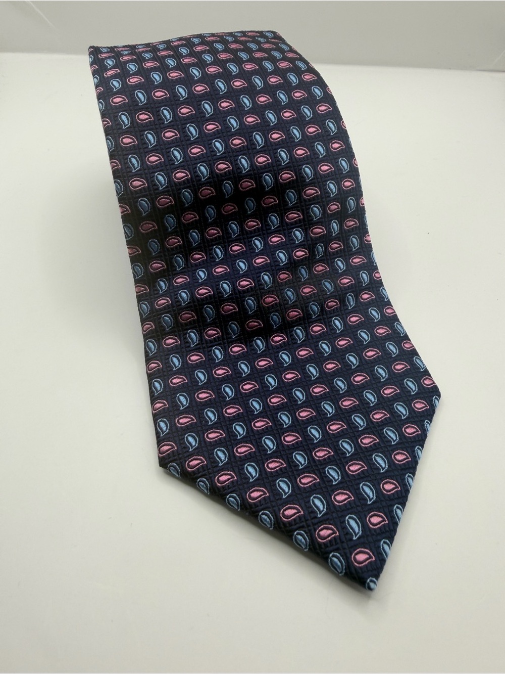 Thomas Pink Navy Silk Tie with Pink and Light Blue Paisley Motif